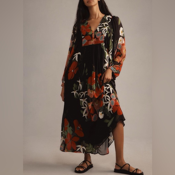 FARM Rio Dresses & Skirts - Farm Rio For Anthropologie Long-Sleeve V-Neck Black Floral Maxi Dress Size S